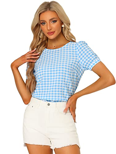 Allegra K Vintage Gingham Top for Women's Puff Short Sleeve Crew Neck Casual Check Shirt