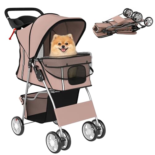 PawHut Carrito para Perros Plegable, Cochecito para Perros Pequeños con Cesta de Almacenaje, Ventanas de Malla, Portavasos, Ruedas de EVA y Frenos, Cojín Lavable, hasta 10 kg, 77x44x102 cm, Café