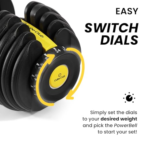 Image of The Cube Club PowerBells 5lbs - 52.5lbs | 2 x Adjustable Dumbbells for Men & Women for Fitness and Home Workout (2.5kg to 24kg) | Designed In USA | Alloy Steel & Plastic | Black