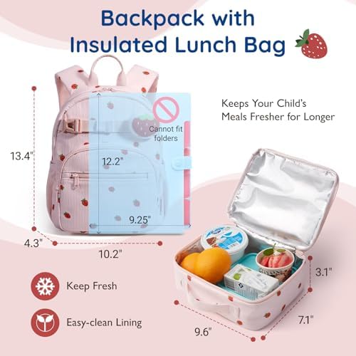 mommore Corduroy Toddler Backpack for Girls 2-4, Kids Backpack with Lunch Box, 13" H Preschool Kindergarten Backpacks for Girls - Strawberry - 5