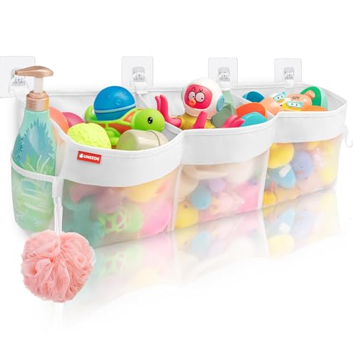 Image of UNEEDE 3 Compartment Horizontal Bath Toy Organizer for Tub,Extra Large Capacity 4.95 Gallons Bath Toy Storage Holder,Mesh Quick Dry Bathtub Storage and Organizer,Easy Access Baby Bathtub Holder