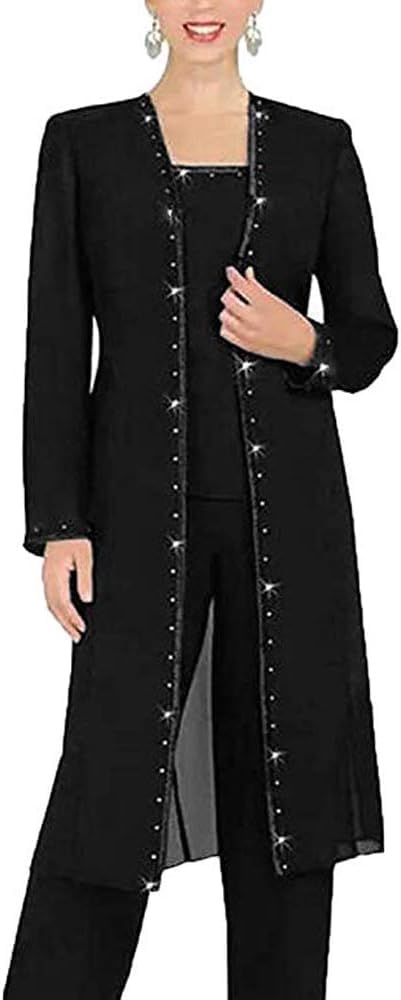 Leader Of The Beauty Women's Black 3 Piece Chiffon Beaded Pant Suits Mother Of The Bride Pant Suits With Long Jacket For Formal 20