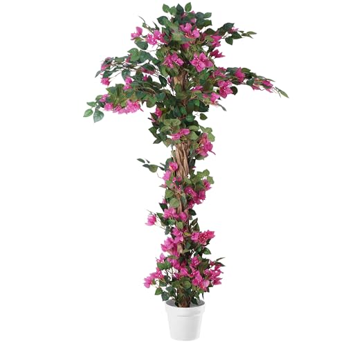 lesolar 5 Feet Artificial Bougainvillea Tree with Blooming Flower & Leaves Large Fake Green Plant with Plastic Pot Artificial Tree Decoration for Home Office Garden Indoor Outdoor