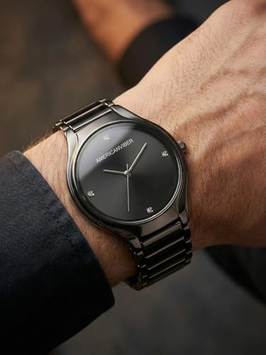 Image of AMERICANVIBER Men's Minimalist Watch, Silver Stainless Steel, White Dial with Crystal Accents, Analog Quartz Movement, Date Window For Men