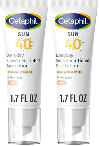 CETAPHIL Everyday Sunscreen Tinted Lotion for Face,1.7 fl oz,100% UVA/UVB Mineral Sunscreen: Titanium Dioxide & Zinc Oxide,SPF 40,For Sensitive Skin,(Pack of 2)