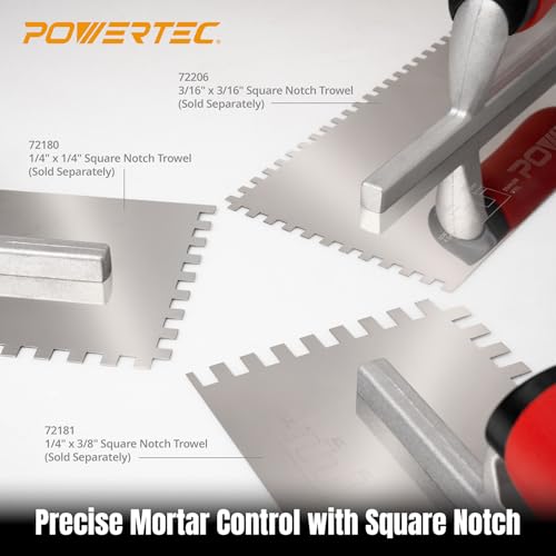 Image of POWERTEC Stainless Steel Trowel with 1 /4 inch x 1 /4 inch Square Notch, Soft Grip Handle for Cement, Concrete, Masonry Tile Installation Work (72180)