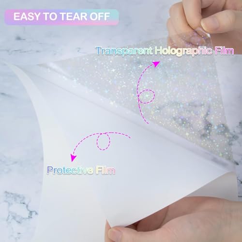 Image of True-Ally 20 Sheets Holographic Sticker Paper, Transparent Holographic Vinyl Laminate Film, Clear Overlay Lamination Sticker Paper Self Adhesive Waterproof - 8.5x11 inch (Star Pattern)