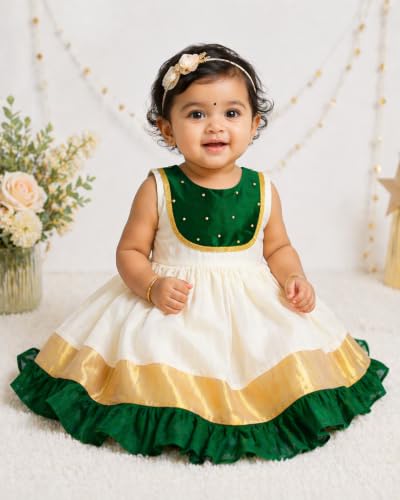 Image of Stanwells Kids Dress for Girls Embroidery Knee Length Traditional Applique Kerala Ethnic Frock for Baby Girls Zipper Beautiful Sleeveless Birthday Dress for Girls Cream & Green (4 Months-7 Years)