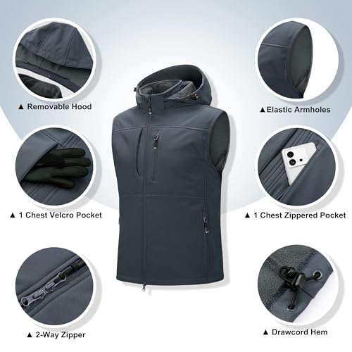 Image of 33,000ft Men's Lightweight Softshell Vest Hooded Outerwear Zip Up Fleece Lined Windproof Sleeveless Jacket for Golf Running