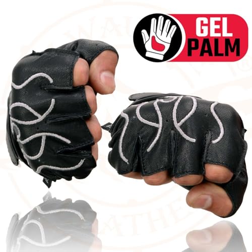 Image of Milwaukee Leather SH198 Men's Black Flame Embroidered Fingerless Gloves with Gel Palm | Padded Comfort; Vibration Relief; Flame Embroidery