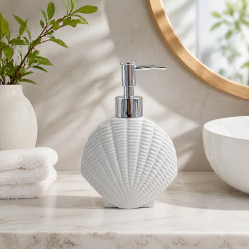 Image of Whizzo Ceramic Shell Shaped Liquid Soap Dispenser with Chrome Pump | Elegant Bathroom & Kitchen Accessory | White Glossy Finish | Refillable Handwash Lotion Bottle (420ML, LD-212, Design2)