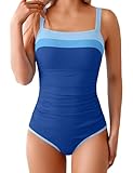 Shallmu Girls One Piece Swimsuits Size 10-12 Swimsuit for Girls Fashion Solid Color Adjustable Straps Contrast Trim Dark Blue Girl Bathing Suit