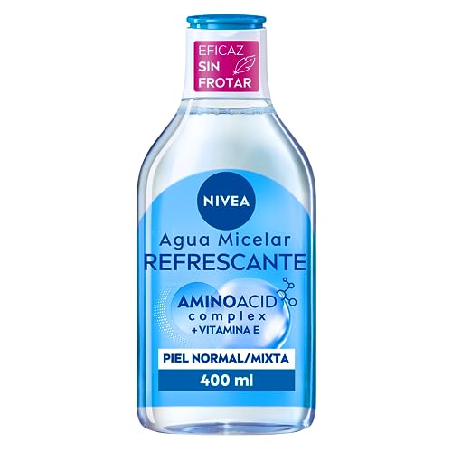 NIVEA Agua micelar Refrescante Piel Normal/Mixta (1 x 400 ml), desmaquillante para limpieza facial con vitamina E, desmaquillador de ojos y rostro