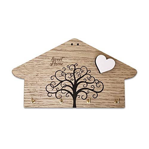 Portachiavi da parete in legno MDF, con testo inciso 'Sweet Home' e stampa albero della vita, con cuore bianco a rilievo, appendi chiavi da parete 4 ganci, color legno.Idea regalo (Legno 4 ganci)