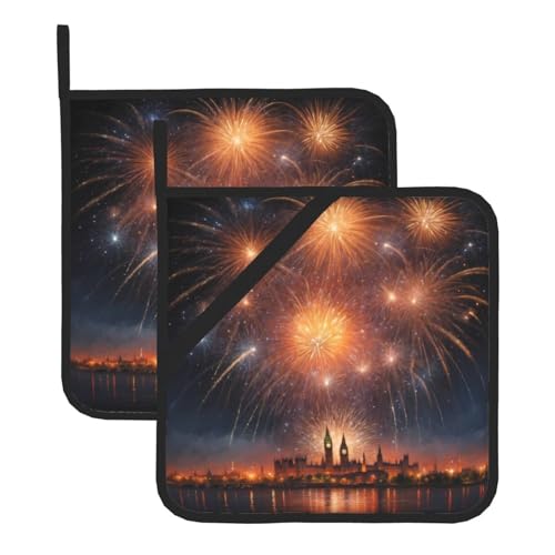 Brillante lluvia de fuegos artificiales cuadrados resistentes al calor (juego de dos) 20,3 x 20,3 cm: telas de calidad, antiquemaduras y fácil de limpiar