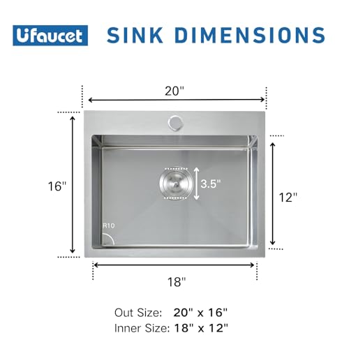 Image of 20 Inch Drop In Kitchen Sink, 20 x 16 Stainless Steel Single Bowl Top Mount Drop In Bar Wet Prep RV Outdoor Kitchen Sink, 16 Gauge Brushed Nickel