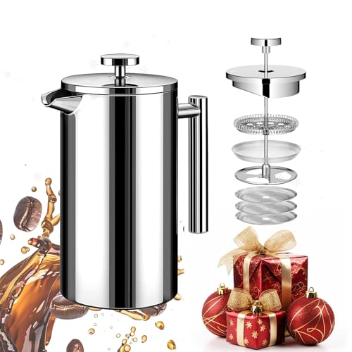 Image of French Press Coffee Maker 34oz, Stainless Steel Double Wall Insulated, 3 Extra Filters & Coffee Spoon for Hot /Cold Brew, Durable Coffee Press for Home, Camping, Office - Silver