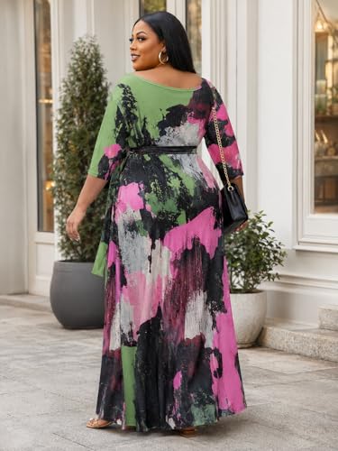 Image of SUZONANA Plus Size Maxi Dresses for Curcy Women Casual Loose 3 /4 Sleeve Long Dress with Belt