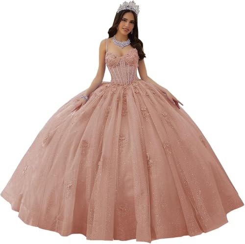 Fuomomo Vestidos de quinceañera con Tirantes Finos, Vestidos de quinceañera con Escote corazón Vestidos de quinceañera con Apliques de Encaje Vestidos de Tul Brillante para adolescentesMT041