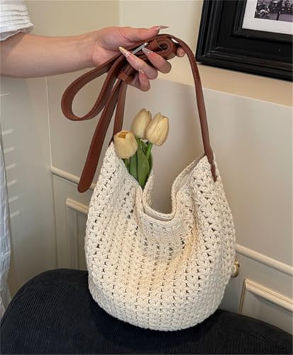Knit Bucket Boho Shoulder Bag for Women Large Crochet Slouchy Handbag Woven Summer Beach Crossbody Tote Purse2