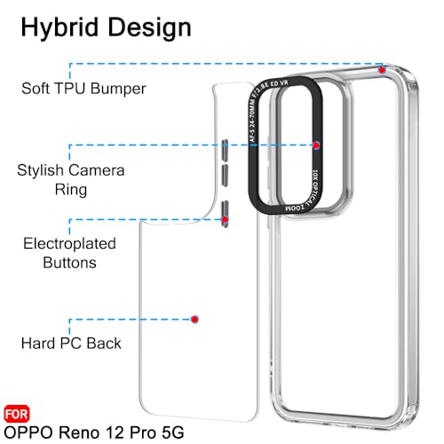 Image of TheGiftKart Hybrid Shockproof Back Cover Case for Oppo Reno 12 Pro 5G | Stylish Camera Border | Electroplated Buttons | Crystal Clear Hard Back Cover Case (TPU & PC, Transparent Bumper)