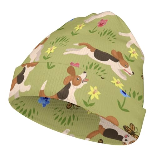 Cartoon Dog and Flower Pattern Kids Beanie Hat for for Girls Boys Children Cap Winter Knitted Chemo Cancer Headwear Accessories Gifts Decoration Black