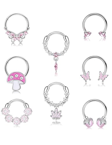 Drperfect 8Pcs Nose Rings Hoops for Women, 316L Surgical Steel Septum Clicker Rings Hinged CZ Silver Nose Ring Hoop 16G Eyebrow Lip Cartilage Tragus Rook Helix Conch Daith Piercing Jewelry 8mm/10mm