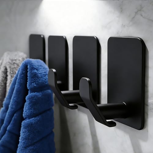 DELITON 4 Pack Adhesive Hooks - Towel Hook Matte Black Stainless Steel