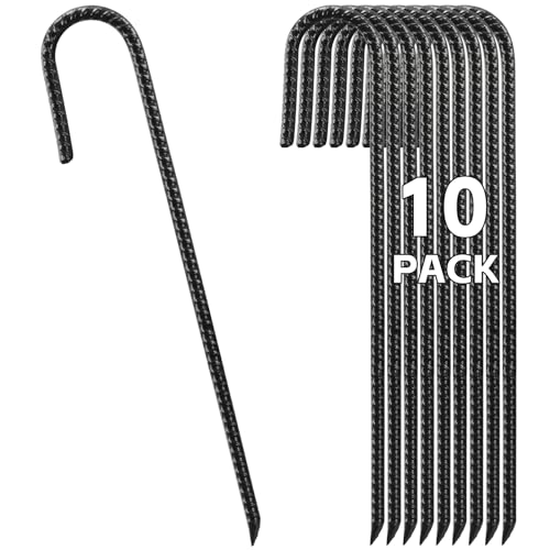 Ground Stakes 16 Inch, J Hook Tent Stakes, Heavy Duty Garden Stakes 10 Pack, Anti-Rust Rebar Stakes Ground Anchors for Fence, Garden, Trampoline, Landscape