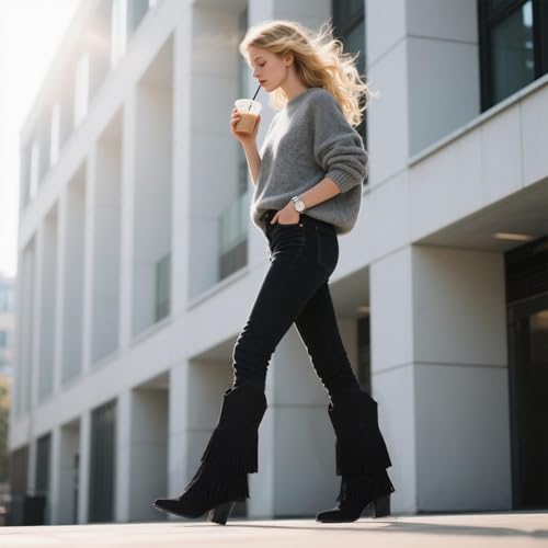Image of Cowgirl Boots for Women Retro Pointed Toe Pull On Block Chunky Heel Embroide Tassel Country Concert Outfits Mid Calf Western Fringe Cowboy Boots