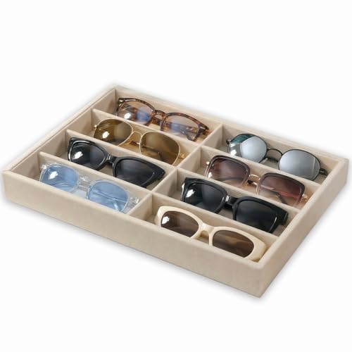 EONGOA Sonnenbrillen-Organizer Beige Samt Brillenablagen für Schublade Brillen Uhren Schmuck Display Herren und Damen (8 Fächer)