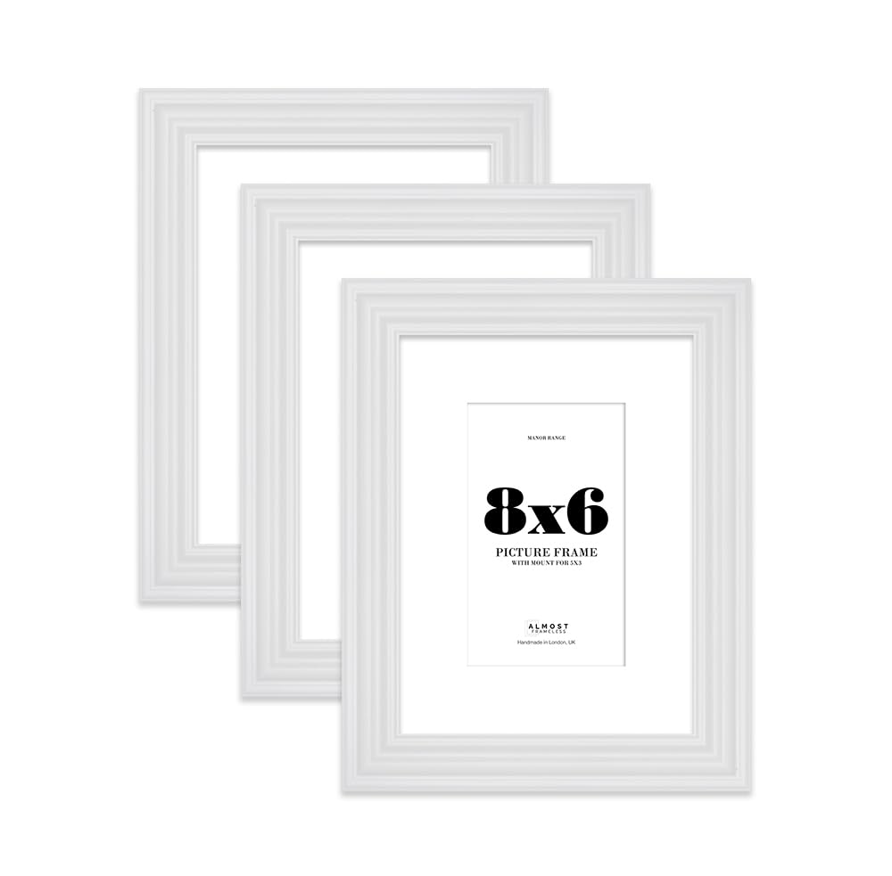 8x6 White Picture Frame - 8x6 Frame with 5x3 Mount for 8x6/5x3 Pictures Vintage Style Decorative Wall Display Frame, 3 Pack