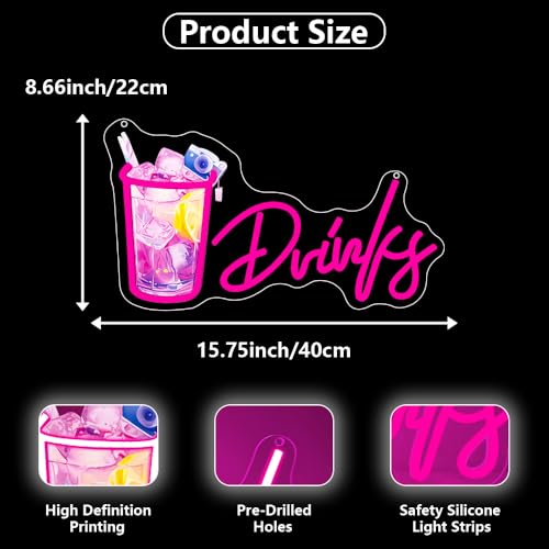 Image of Drinks Neon Signs for Wall Decor,Cool Cocktail Glass LED Sign Art Wall Lights,Lemonade Drinks Neon Signs for Beer Bar Decor,Pub Party,Night Club,Man Cave,Business,Shop