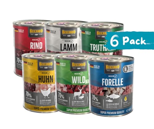 Belcando Baseline Mix 6x800g – Alle 6 Sorten im Paket: Forelle, Huhn, Lamm, Rind, Truthahn, Wild & Ente – Alleinfutter für ausgewachsene Hunde – ohne Soja & künstliche Zusatzstoffe - Nassfutter Bundle