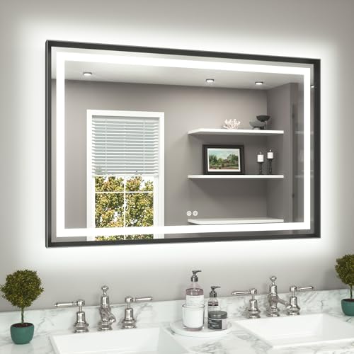 TETOTE 48 x 32 Bathroom LED Mirror Brushed Black Metal Frame Frontlit & Backlit Vanity Stepless Dimmable Anti-Fog 3 Colors White/Warm/Natural Light up Vanity Mirror Wall-Mounted