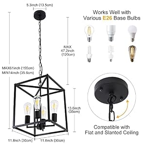 4-Light Black Farmhouse Chandelier Light Fixture Rustic Industrial Pendant Light Adjustable Metal Cage Hanging Lights for Kitchen Island, Foyer,Dining Room, Entryway, Hallway 4 Light Black Farmhouse Chandelier Light Fixture Rustic Industrial Pendant Light Adjustable Metal Cage Hanging Lights for Kitchen Island FoyerDining Room Entryway Hallway