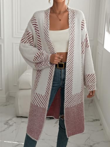 Image of chouyatou Women's Color Block Striped Fuzzy Long Cardigan Sweaters Open Front Diagonal Stripe Knit Cardigan Jacket Coat
