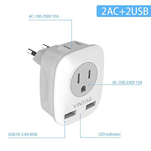[2-Pack] European Travel Plug Adapter, Vintar International Power Plug Adapter With 2 Usb Ports,2 American Outlets- 4 In 1 Outlet Adapter,Travel Essentials To Italy,Greece,France, Spain (Type C) #TOP1