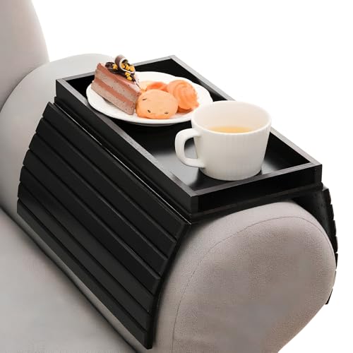 Granvoo Bandeja de Brazo para Sofá de Bambu, Bandeja para Reposabrazos de Sofá Plegable y Flexible, Reposabrazos de Sofá Antideslizante con Soporte para Tazas (Negro)