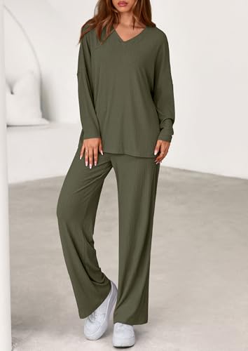 PRETTYGARDEN 2 Piece Lounge Sets for Women Fall Outfits 2025 Casual Loose Long Sleeve Tops Wide Leg Pants Matching Pajama Set