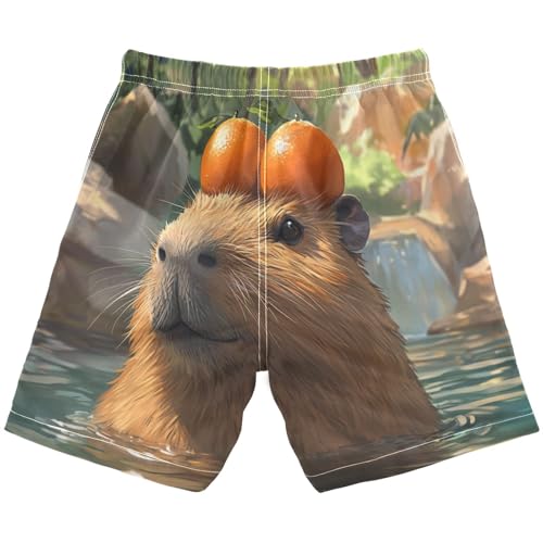 DOMIKING Orange Capybara Teal Boys' Pull On Swim Trunks Quick Dry Boardshorts with Mesh Lining for Boys Kids M2