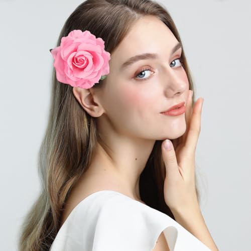 Image of 3.9 Inches Pink Rose Hair Clips & Flower Brooches for Women | Charming Design Pink Rose Brooches & Flower Pins for Women | Lapel Pin Wedding Flowers Hair Accessories & Valentines Day Gifts for Her