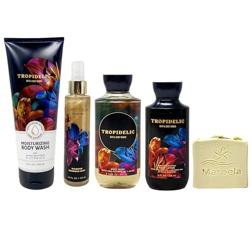 Bath & Body Works Tropidelic 4 Piece Gift Set - Moistutizing Body Wash Classic Body Wash Shimmer Mist and Body Lotion with Wild Jasmine Bar Soap - Full Size