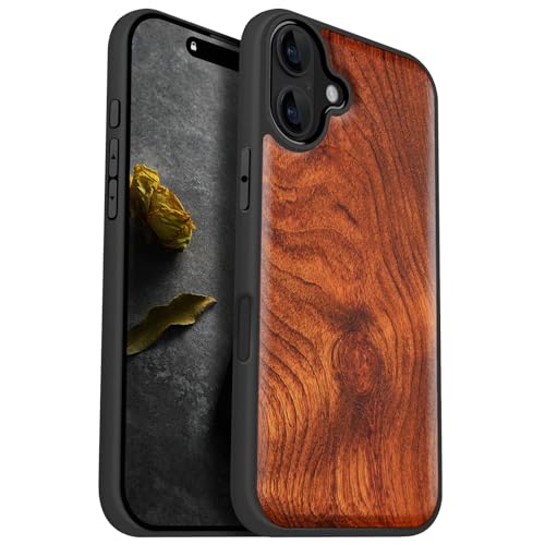 Image of Carveit Wood Case for iPhone 16 Plus, Natural Grain, Rosy | Magnetic iPhone 16 Plus Case Compatible with MagSafe Wireless Chargers, Engraved Wood with Soft TPU Shockproof Bumper