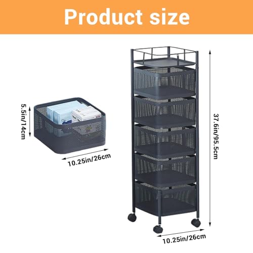 5 Rotating Kitchen Storage Rack, Rotating Rolling Storage Car with Metal Mesh Baskets, Lockable Wheels and Top Handle, Fruit and Vegetable Storage Cart for Pantry, Bathroom, Black by GarveeLife - Image 2