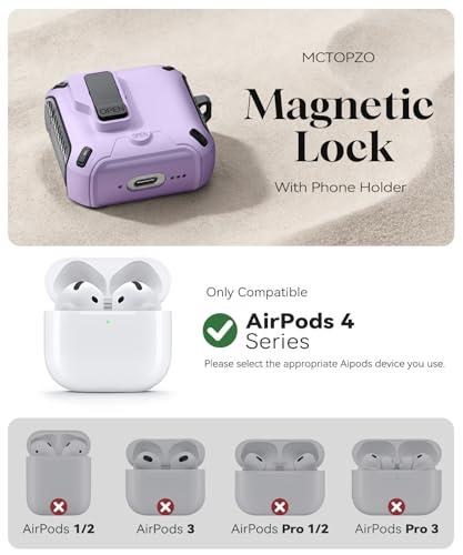 Image of for AirPods 4 Case with Lock (Purple) | Compatible with MagSafe,with Phone Stand,with Automatic Snap Switch Carbon Fiber Design Protection Cover with Cleaning Pen