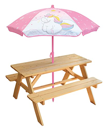 Fun House Unicornio Mesa de Picnic de Pino, 53 x 95 x 75 cm, con Parasol, Altura de 125 x diámetro de 100 cm, Blanco/Rosa