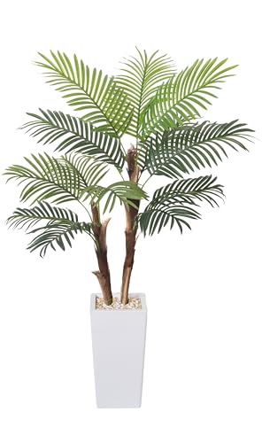 Artificial Palm Tree 5FT, Fake Tree with Realistic Fiber Trunks and White Tall Planter, Faux Tropical Areca Floor Plant in Pot, Artificial Silk Plant for Home Decor Office Living Room Decor