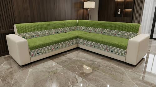 Image of Velvet L Shape 2+2 (4 Seater) Sofa Cover Fully Covered | Anti Skid Non Slip | Plain Green | Washable Furniture Protector