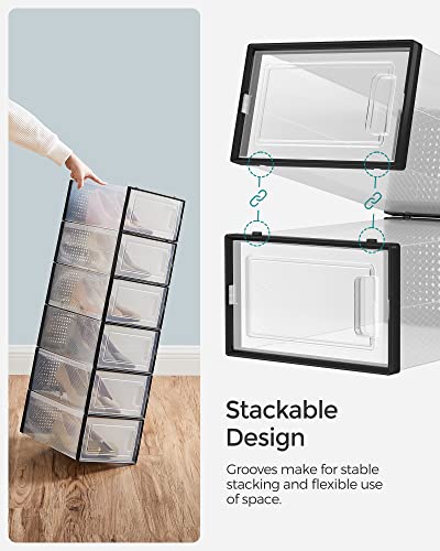 Image of SONGMICS Shoe Boxes, Pack of 18 Shoe Storage Organizers, Stackable Clear Plastic Boxes for Closet, Sneakers, 13.1 x 9.1 x 5.6 Inches, Transparent and Black ULSP18SBKV1